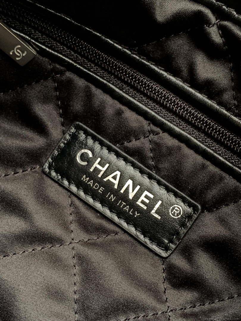 Chanel 22 Backpack AS3859 Shiny Black Calfskin With Sliver Logo