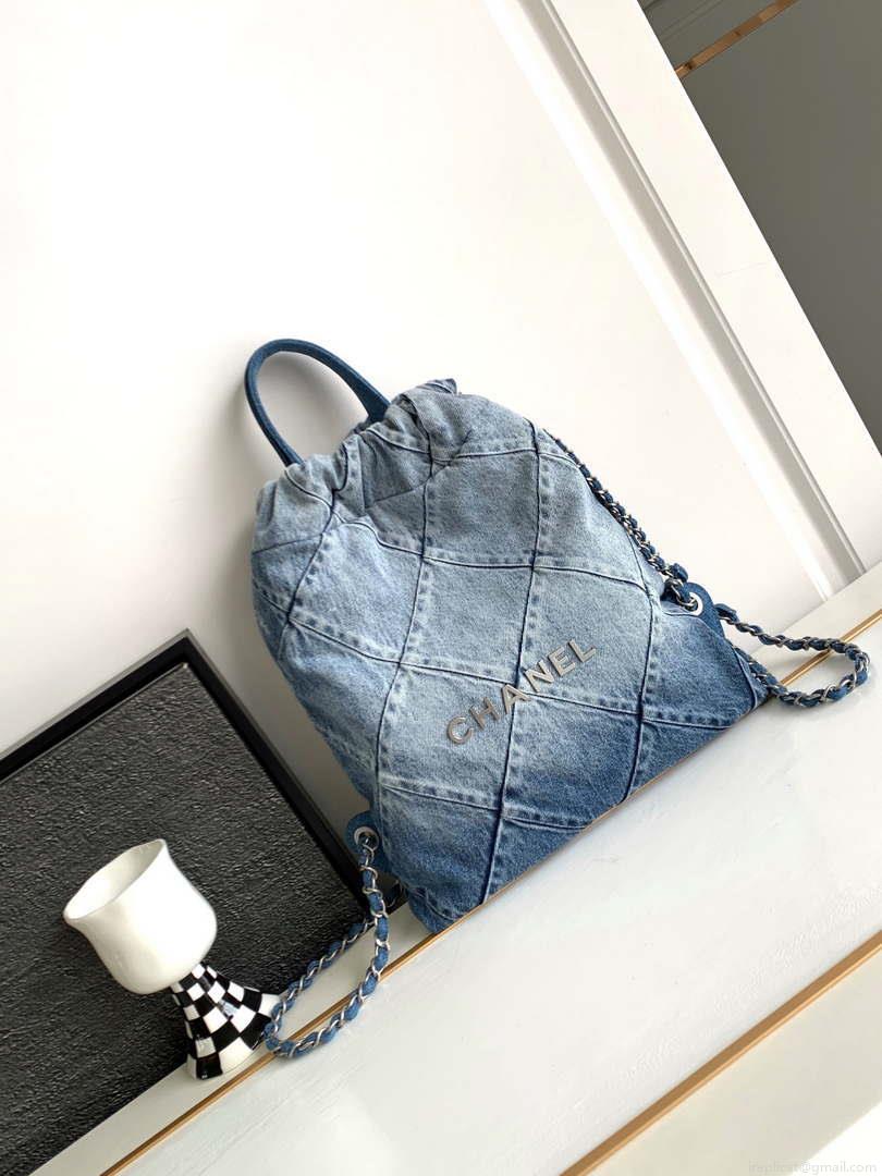 Chanel 22 Backpack AS3859 Denim Blue canvas With Sliver Logo