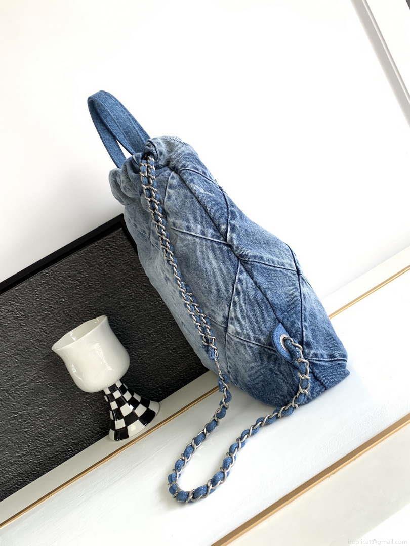 Chanel 22 Backpack AS3859 Denim Blue canvas With Sliver Logo