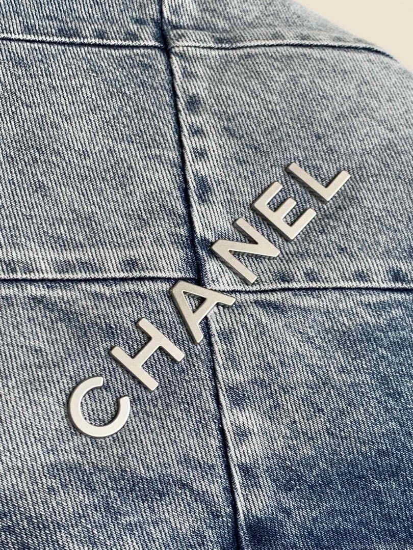 Chanel 22 Backpack AS3859 Denim Blue canvas With Sliver Logo