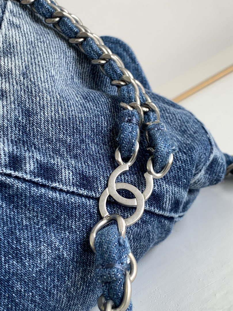 Chanel 22 Backpack AS3859 Denim Blue canvas With Sliver Logo