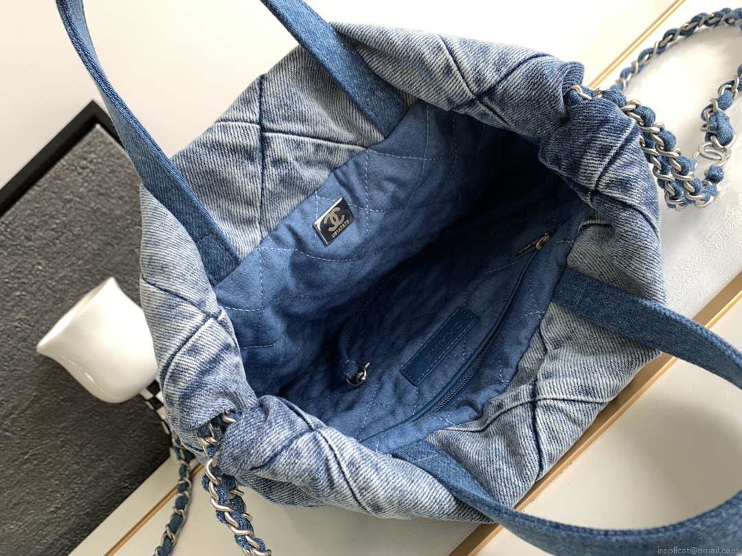 Chanel 22 Backpack AS3859 Denim Blue canvas With Sliver Logo