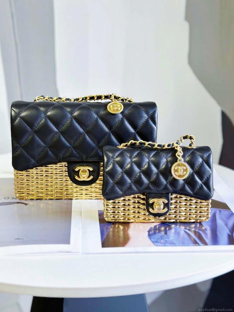 Chanel AS3712 Large EVENING BAG Lambskin & Gold Metal Black & Gold