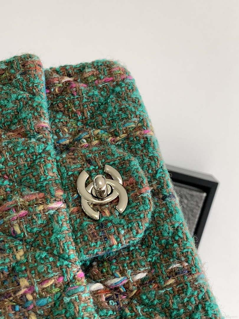 Chanel A1116 Mini Flap Classic Handbag Tweed & Silver-Tone Metal Green