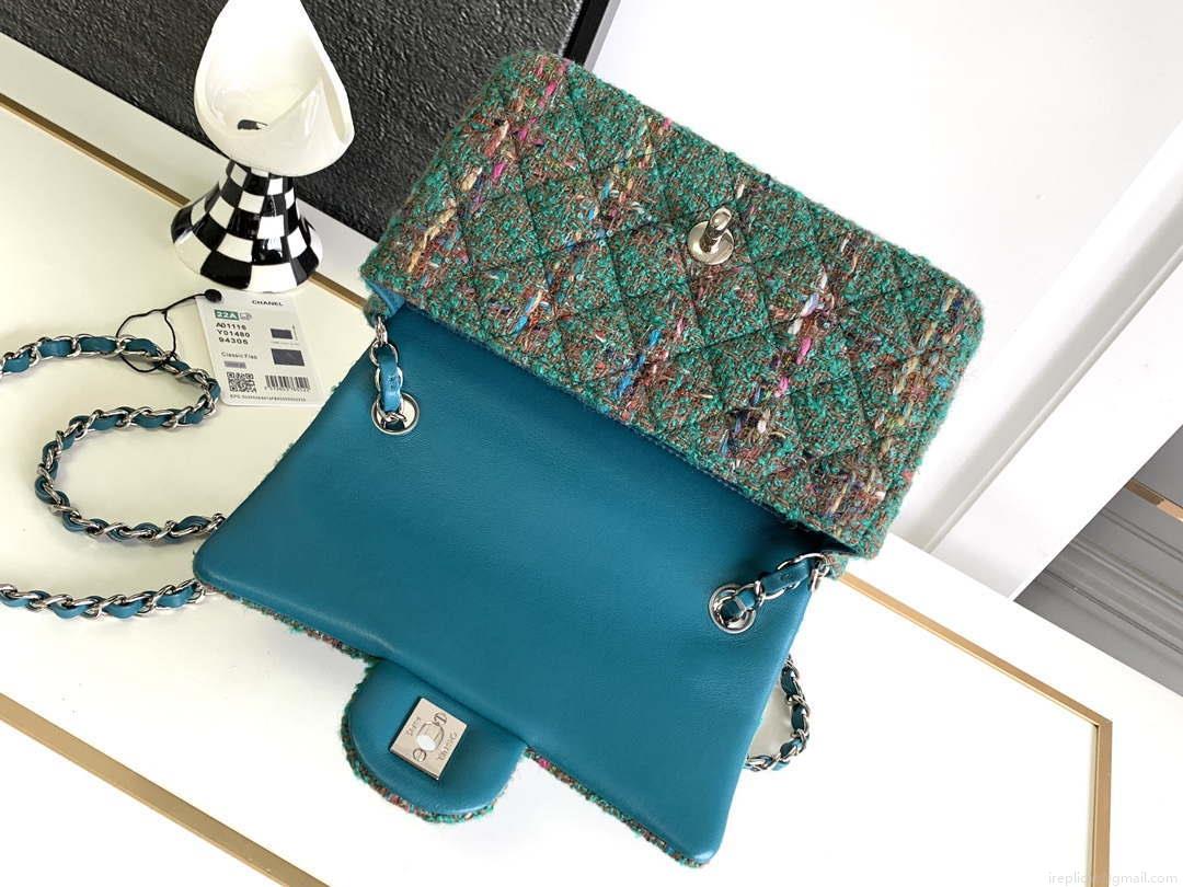 Chanel A1116 Mini Flap Classic Handbag Tweed & Silver-Tone Metal Green