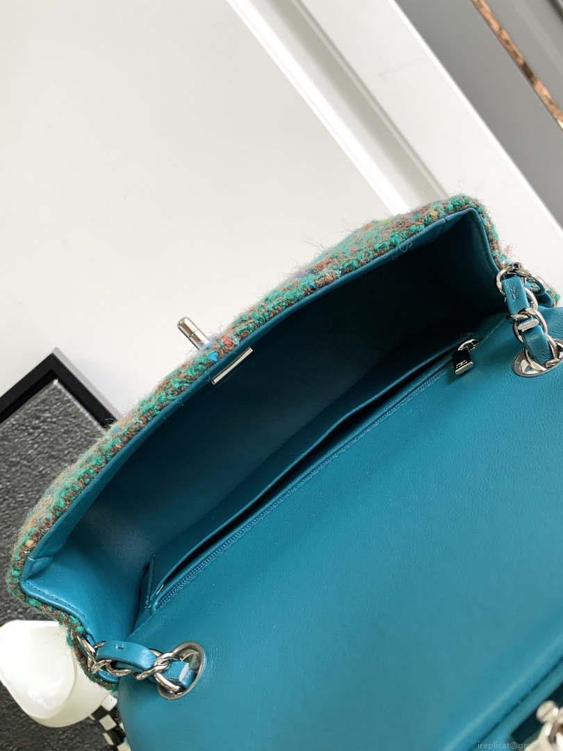 Chanel A1116 Mini Flap Classic Handbag Tweed & Silver-Tone Metal Green