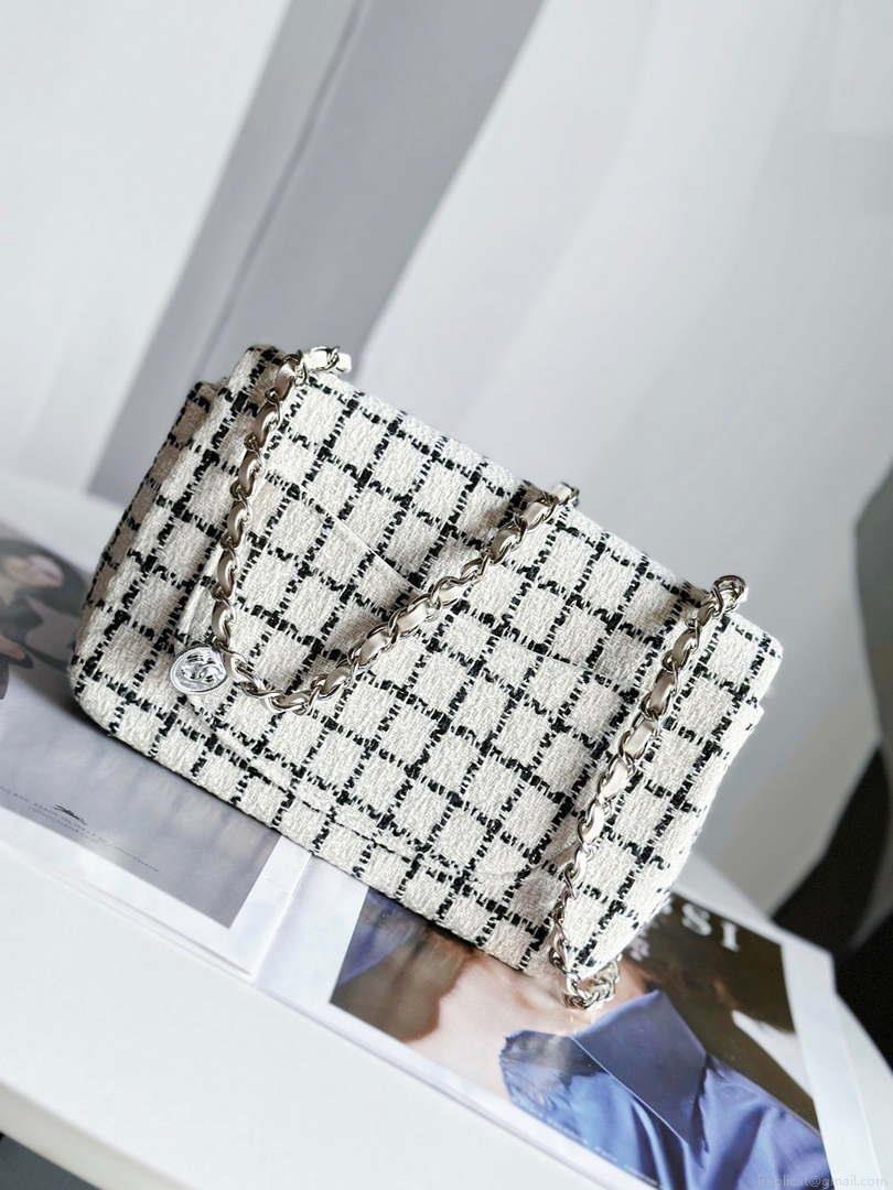 Chanel A1116 Mini Flap Classic Handbag Tweed & Silver-Tone Metal White