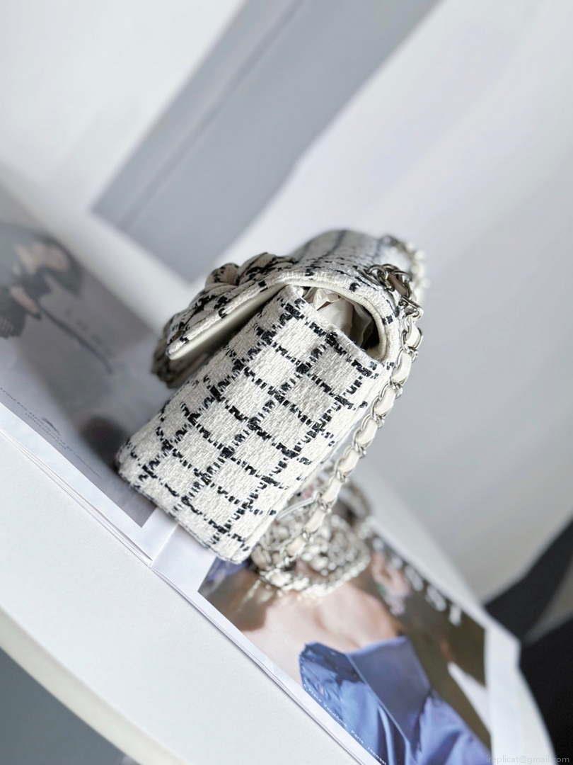 Chanel A1116 Mini Flap Classic Handbag Tweed & Silver-Tone Metal White