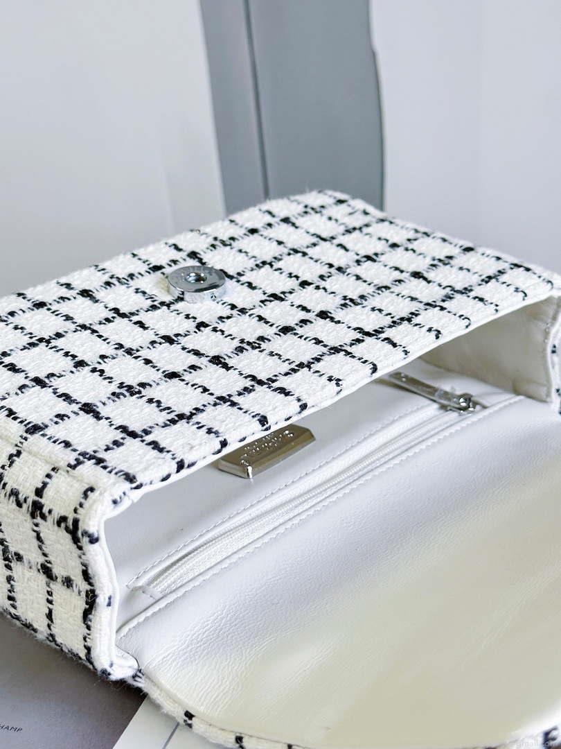 Chanel A1116 Mini Flap Classic Handbag Tweed & Silver-Tone Metal White