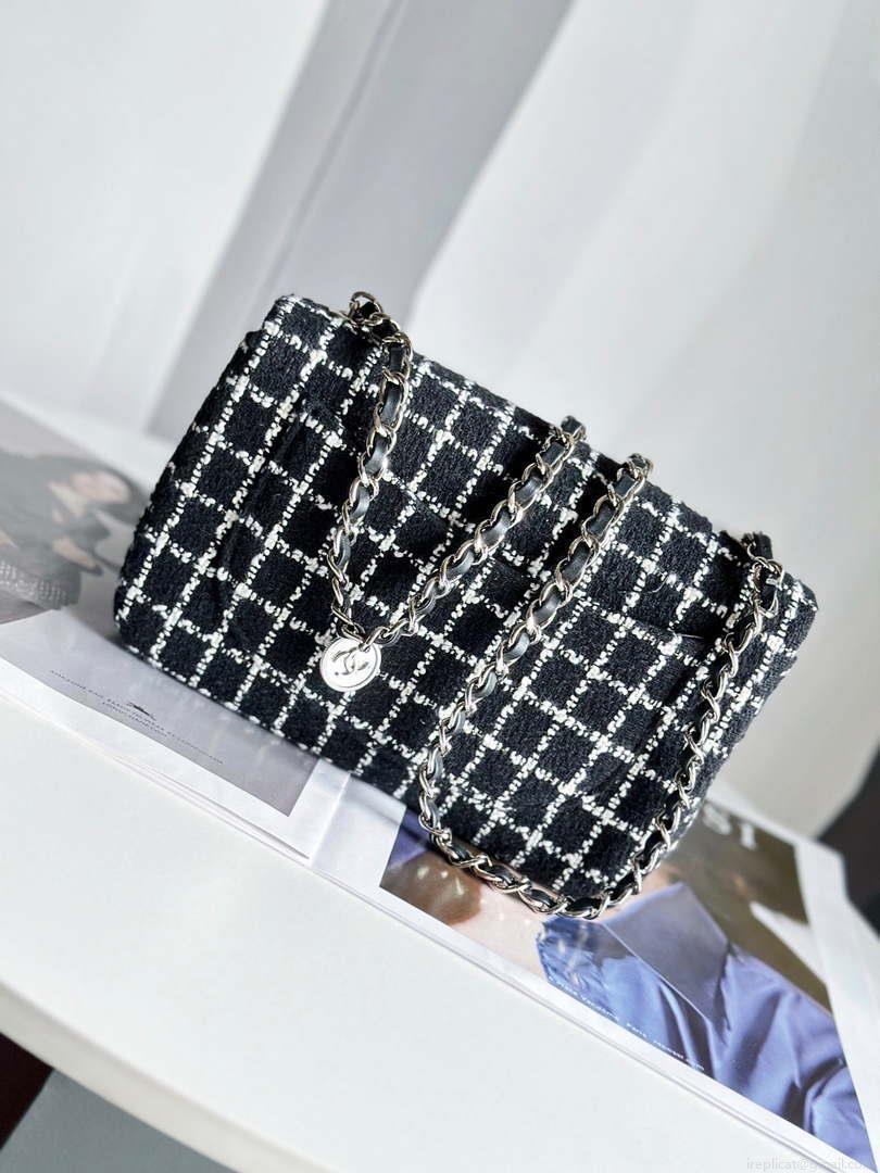 Chanel A1116 Mini Flap Classic Handbag Tweed & Silver-Tone Metal Black