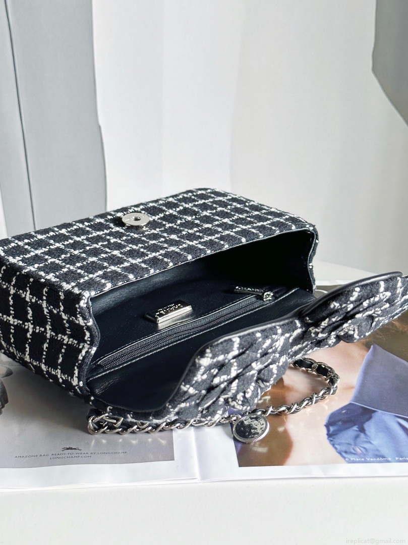 Chanel A1116 Mini Flap Classic Handbag Tweed & Silver-Tone Metal Black