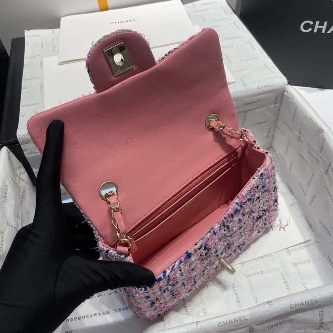 Chanel A1116 Mini Flap Classic Handbag Tweed & Gold-Tone Metal Pink