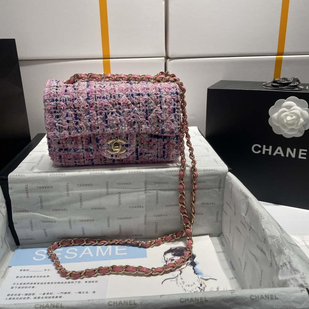 Chanel A1116 Mini Flap Classic Handbag Tweed & Gold-Tone Metal Pink