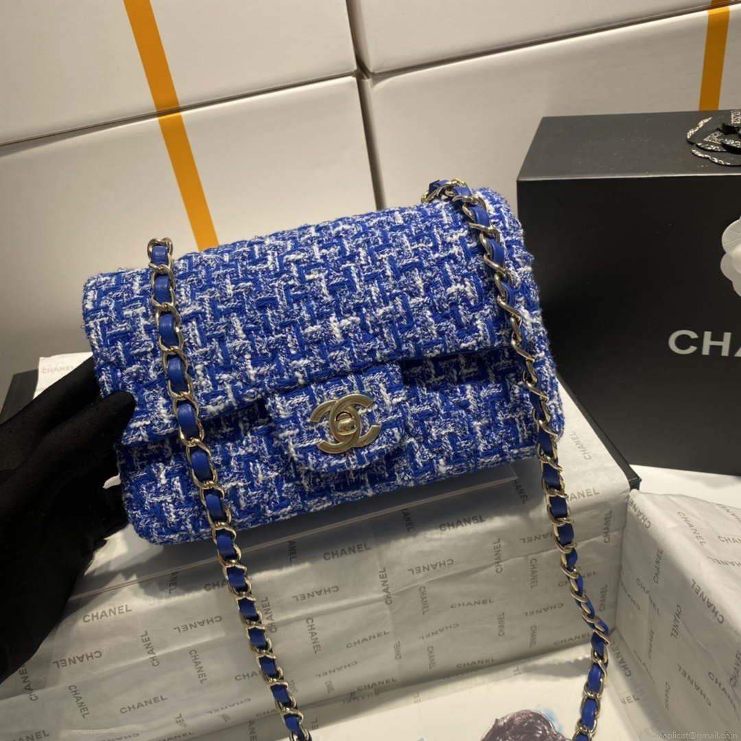 Chanel A1116 Mini Flap Classic Handbag Tweed & Gold-Tone Metal Blue