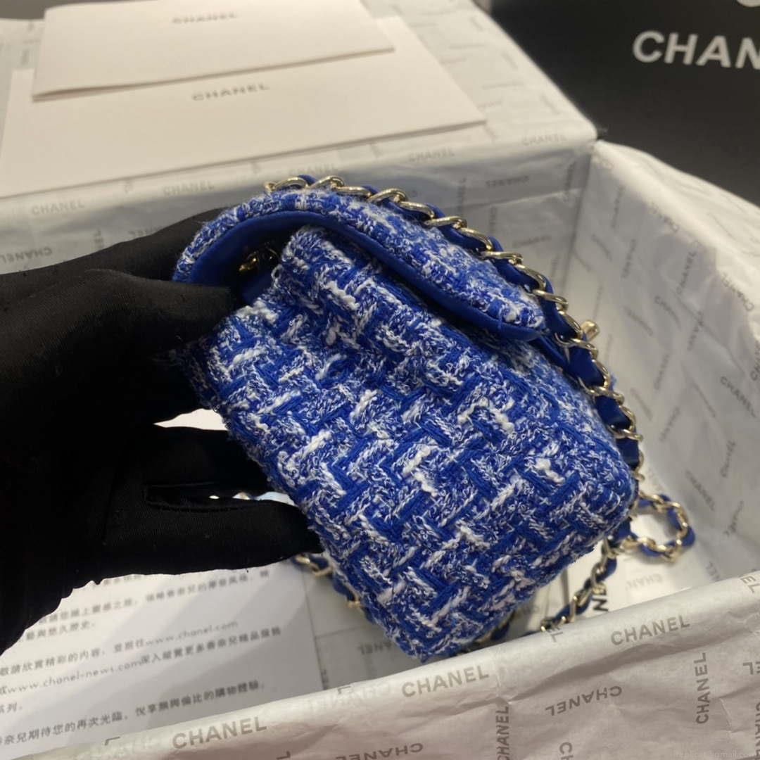 Chanel A1116 Mini Flap Classic Handbag Tweed & Gold-Tone Metal Blue