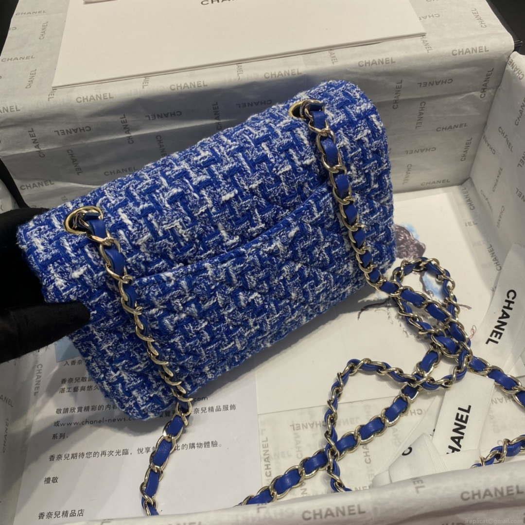 Chanel A1116 Mini Flap Classic Handbag Tweed & Gold-Tone Metal Blue
