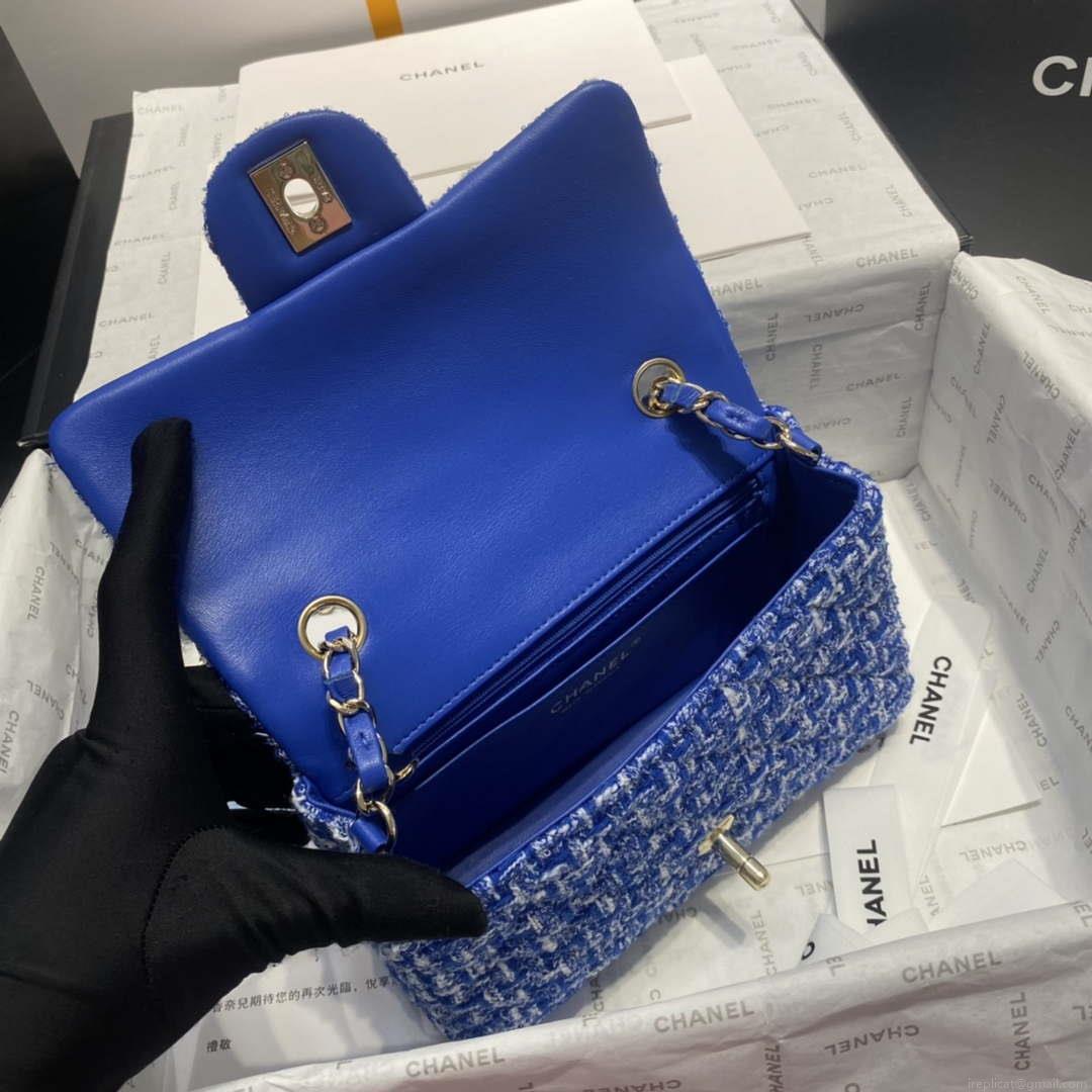 Chanel A1116 Mini Flap Classic Handbag Tweed & Gold-Tone Metal Blue