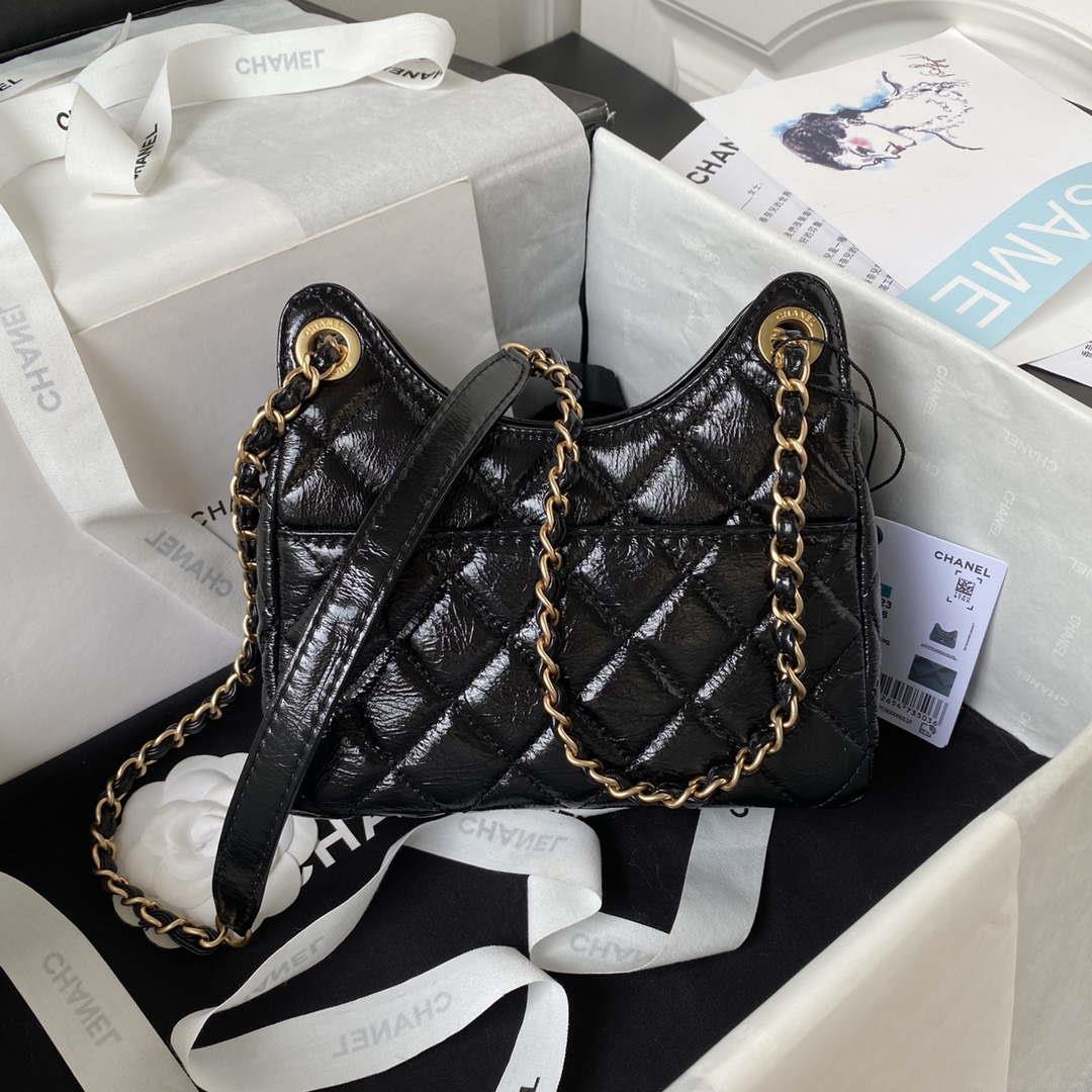 Chanel AS4323 Small Hobo Bag Shiny Crumpled Calfskin Black Gold Metal