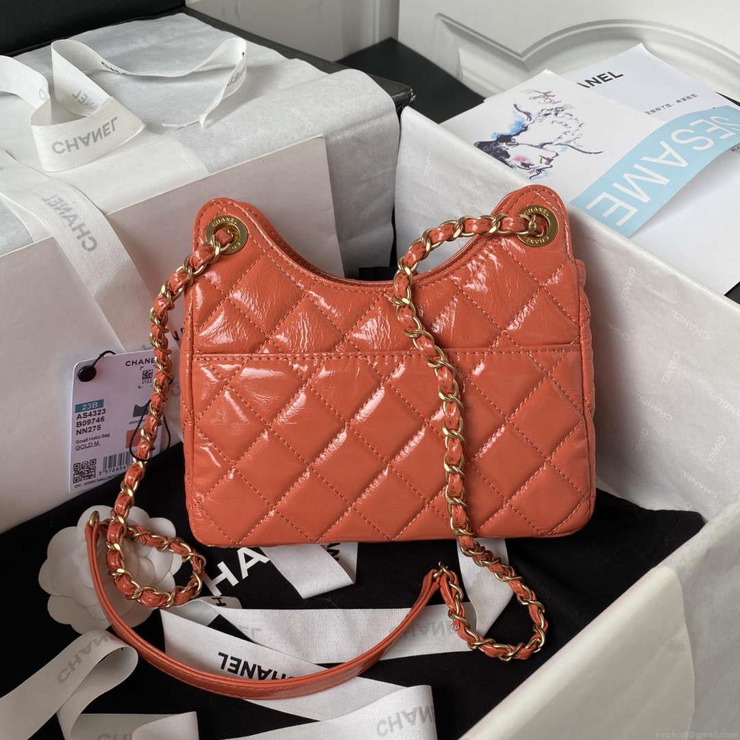 Chanel AS4323 Small Hobo Bag Shiny Crumpled Calfskin Gold Metal Orange