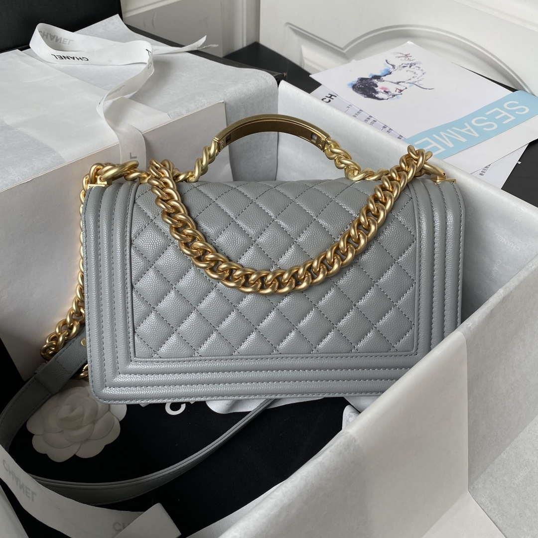 Chanel A94804 Boy Chanel Flap Bag With Handle Grained Shiny Calfskin Gold Tone Metal Gray