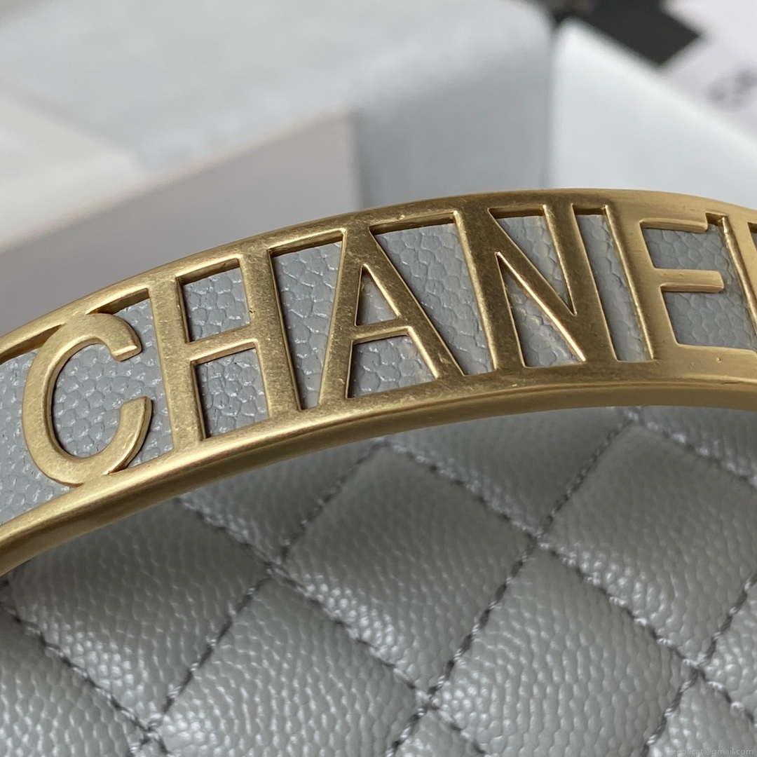 Chanel A94804 Boy Chanel Flap Bag With Handle Grained Shiny Calfskin Gold Tone Metal Gray