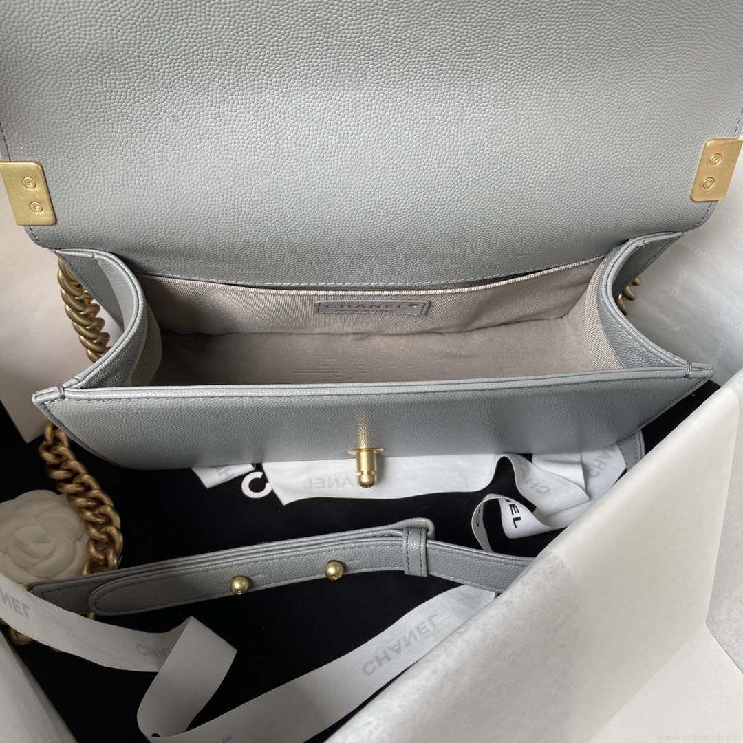 Chanel A94804 Boy Chanel Flap Bag With Handle Grained Shiny Calfskin Gold Tone Metal Gray