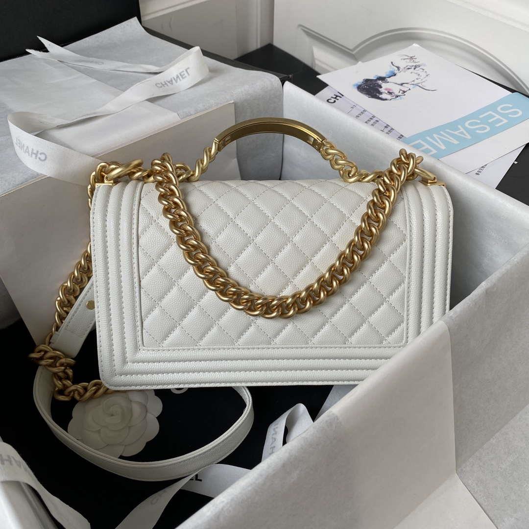 Chanel A94804 Boy Chanel Flap Bag With Handle Grained Shiny Calfskin Gold Tone Metal White