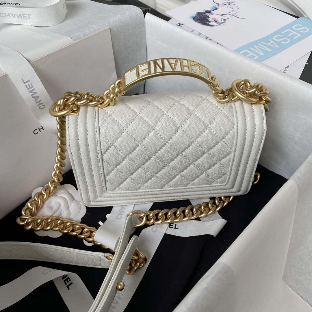 Chanel A94805 Boy Flap Bag With Handle Grained Shiny Calfskin Gold Tone Metal White