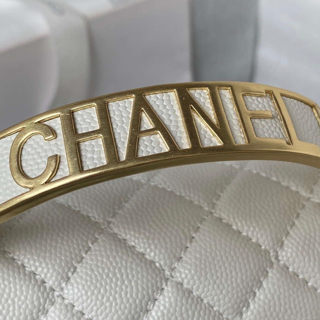 Chanel A94805 Boy Flap Bag With Handle Grained Shiny Calfskin Gold Tone Metal White