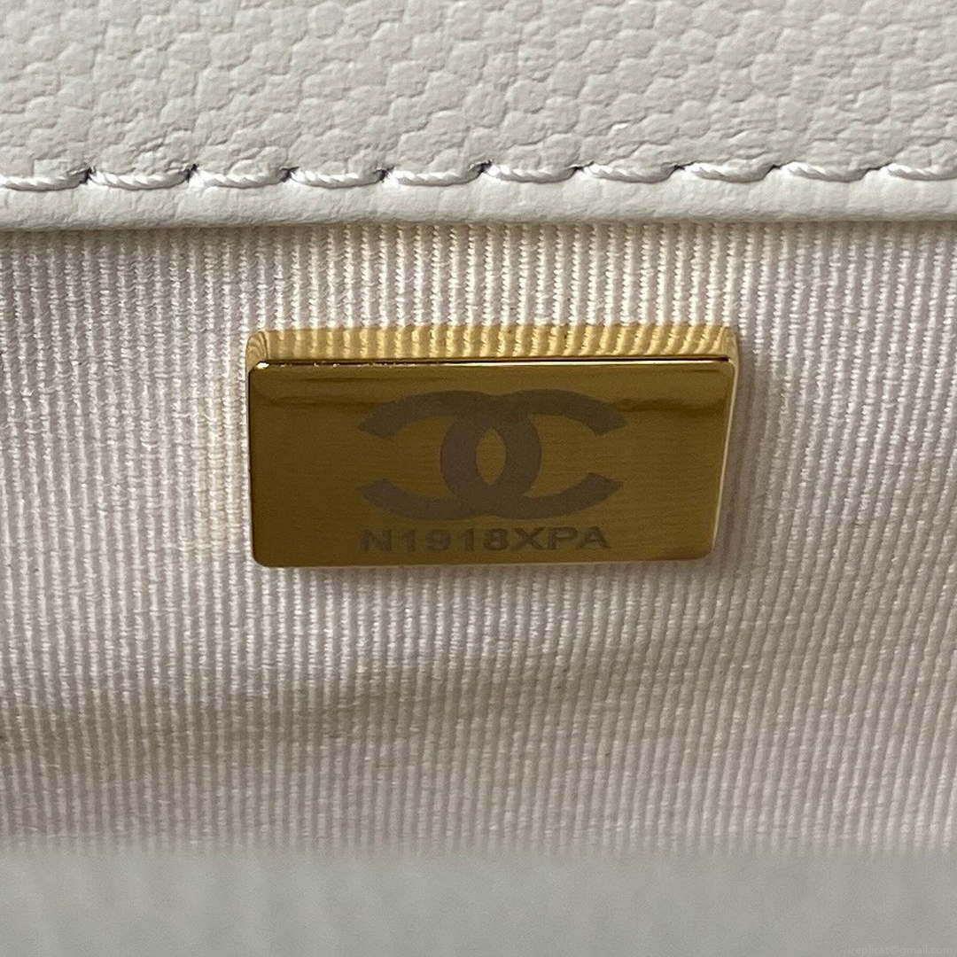 Chanel A94805 Boy Flap Bag With Handle Grained Shiny Calfskin Gold Tone Metal White