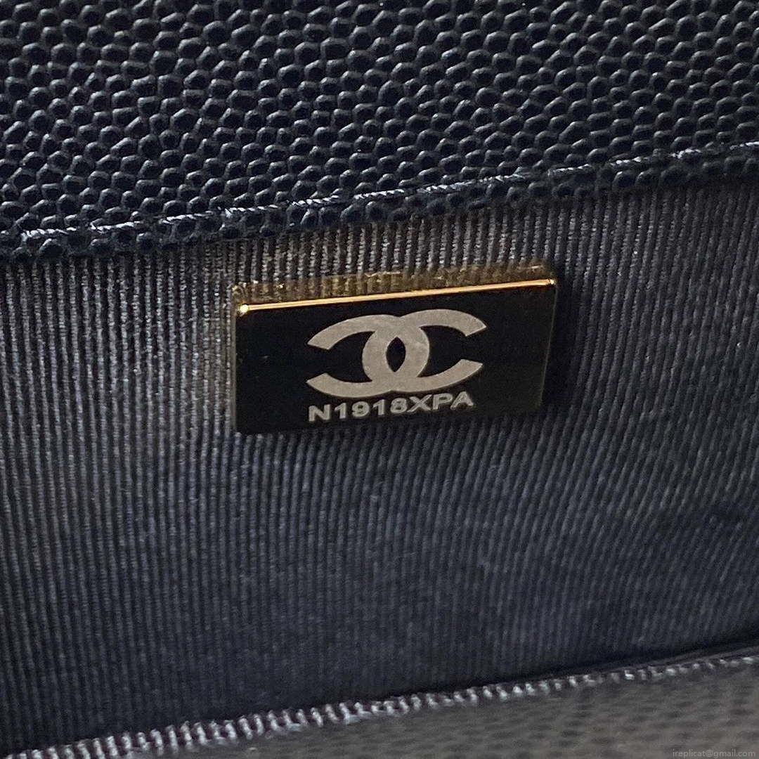Chanel A94805 Boy Flap Bag With Handle Grained Shiny Calfskin Gold Tone Metal Black