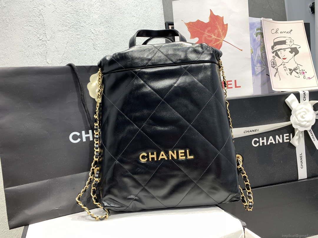 Chanel 22 Backpack AS3859 Shiny Black Calfskin With Gold