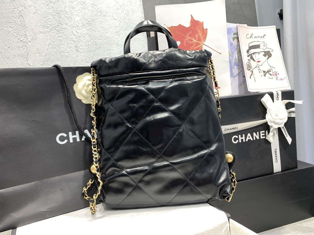 Chanel 22 Backpack AS3859 Shiny Black Calfskin With Gold