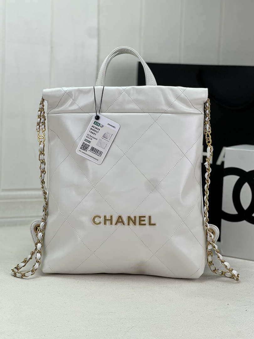 Chanel 22 Backpack AS3859 Shiny White Calfskin With Gold