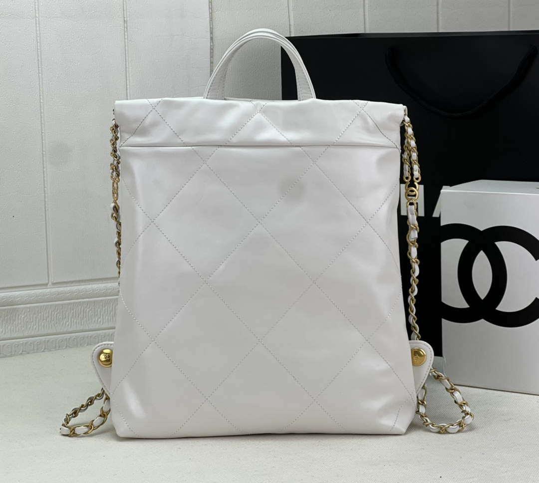 Chanel 22 Backpack AS3859 Shiny White Calfskin With Gold