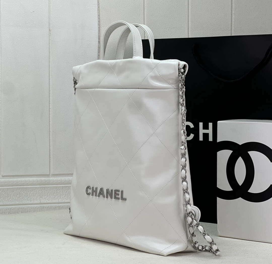Chanel 22 Backpack AS3859 Shiny White Calfskin With Silver