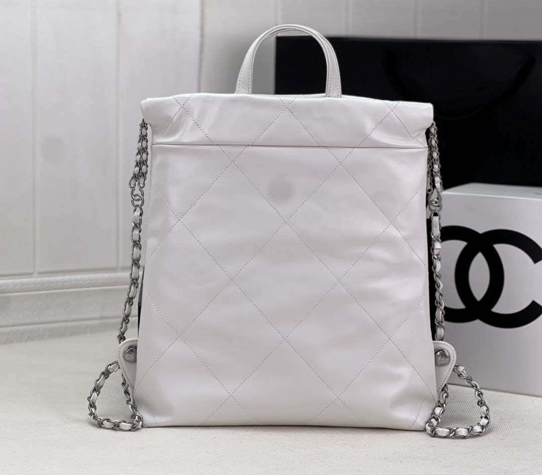 Chanel 22 Backpack AS3859 Shiny White Calfskin With Silver
