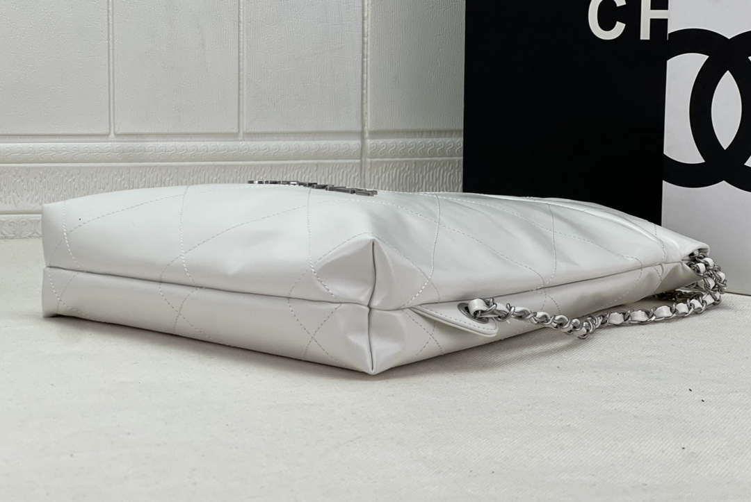 Chanel 22 Backpack AS3859 Shiny White Calfskin With Silver