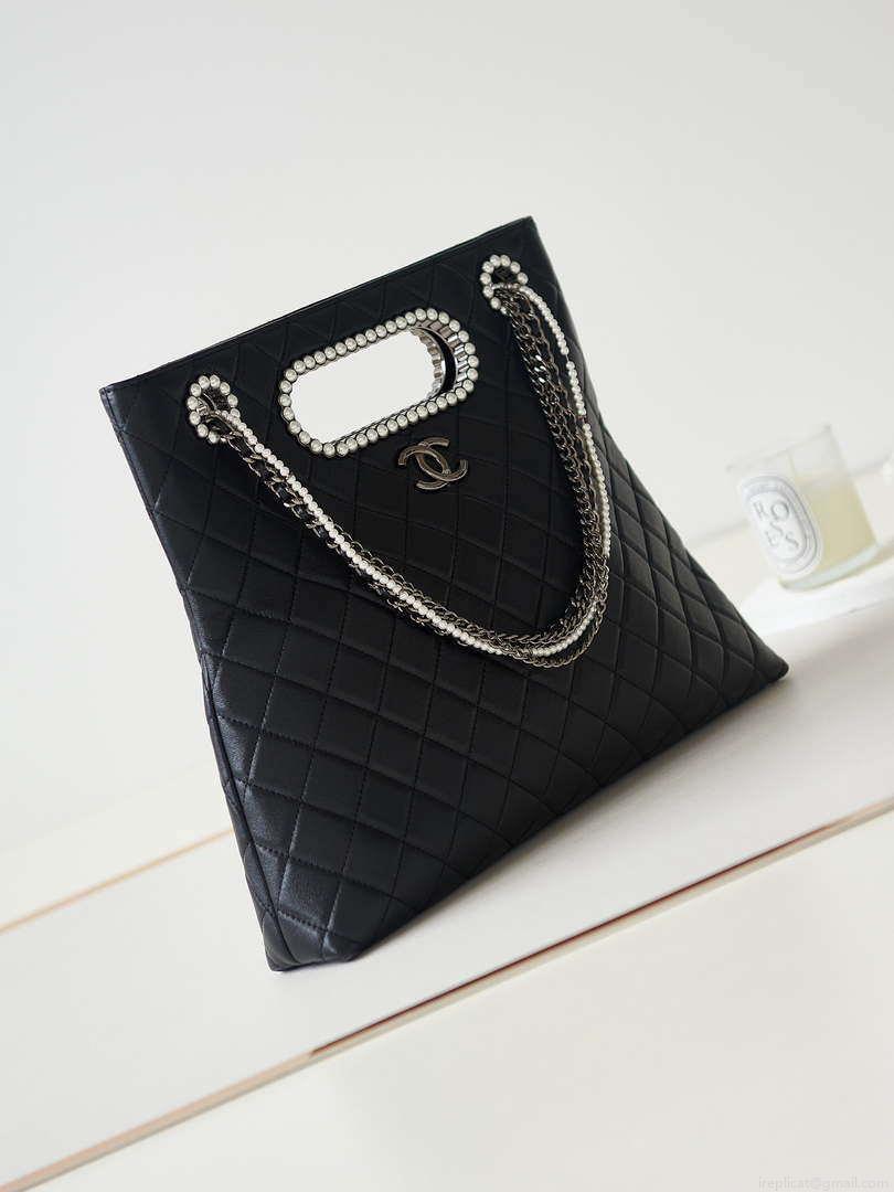 Chanel AS4222 Shopping Bag Aged Shiny Lambskin Crystal Pearls & Black Metal Black
