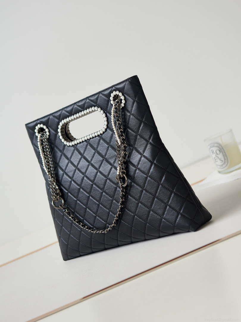 Chanel AS4222 Shopping Bag Aged Shiny Lambskin Crystal Pearls & Black Metal Black