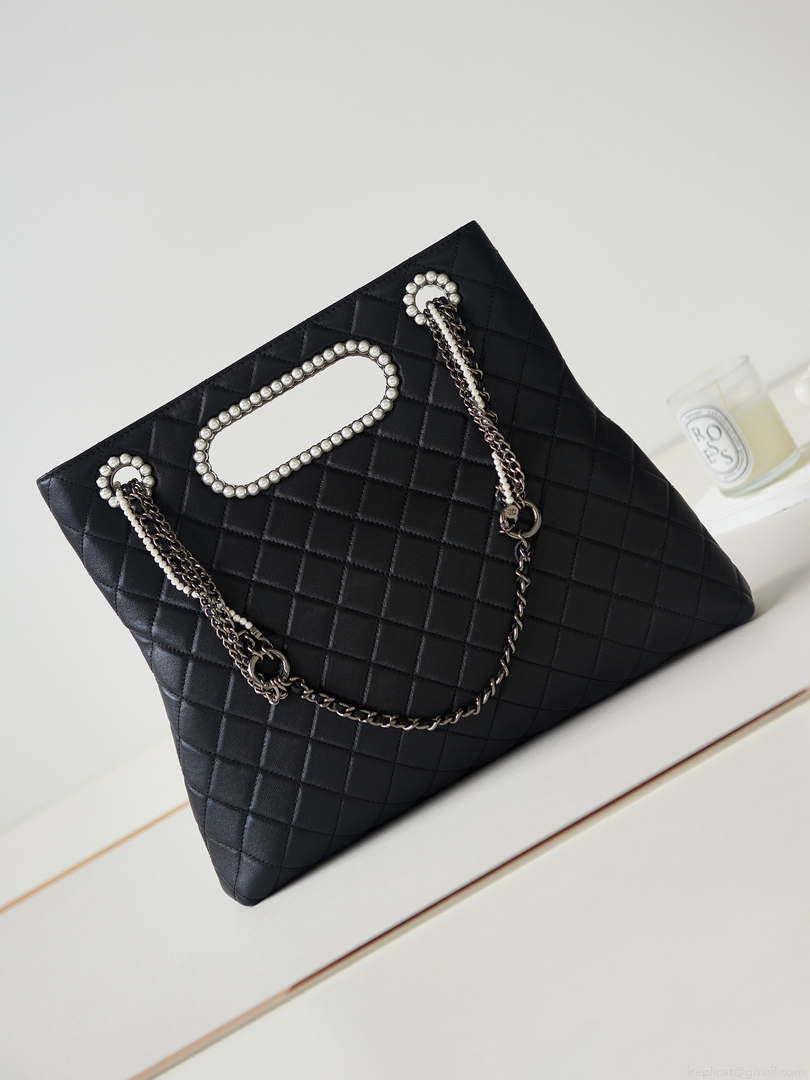 Chanel AS4222 Shopping Bag Aged Shiny Lambskin Crystal Pearls & Black Metal Black