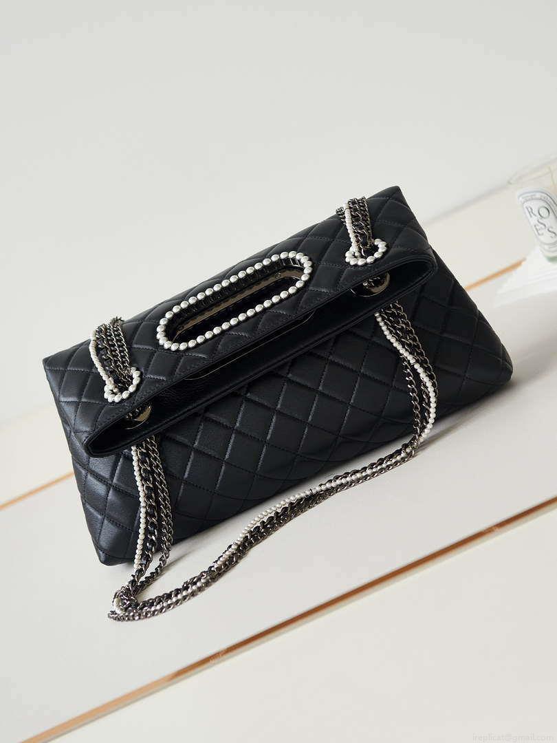Chanel AS4222 Shopping Bag Aged Shiny Lambskin Crystal Pearls & Black Metal Black