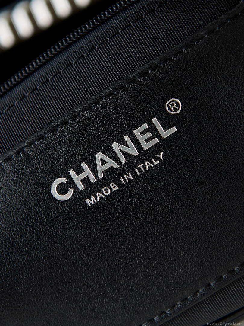 Chanel AS4222 Shopping Bag Aged Shiny Lambskin Crystal Pearls & Black Metal Black