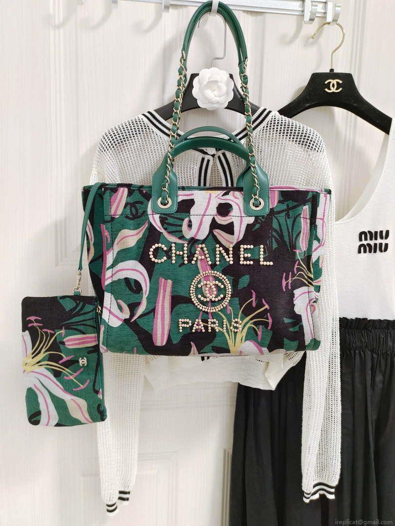 Chanel A66941 Large Tote Printed Velvet Wooden Pearls & Gold-Tone Metal Green & Multicolour