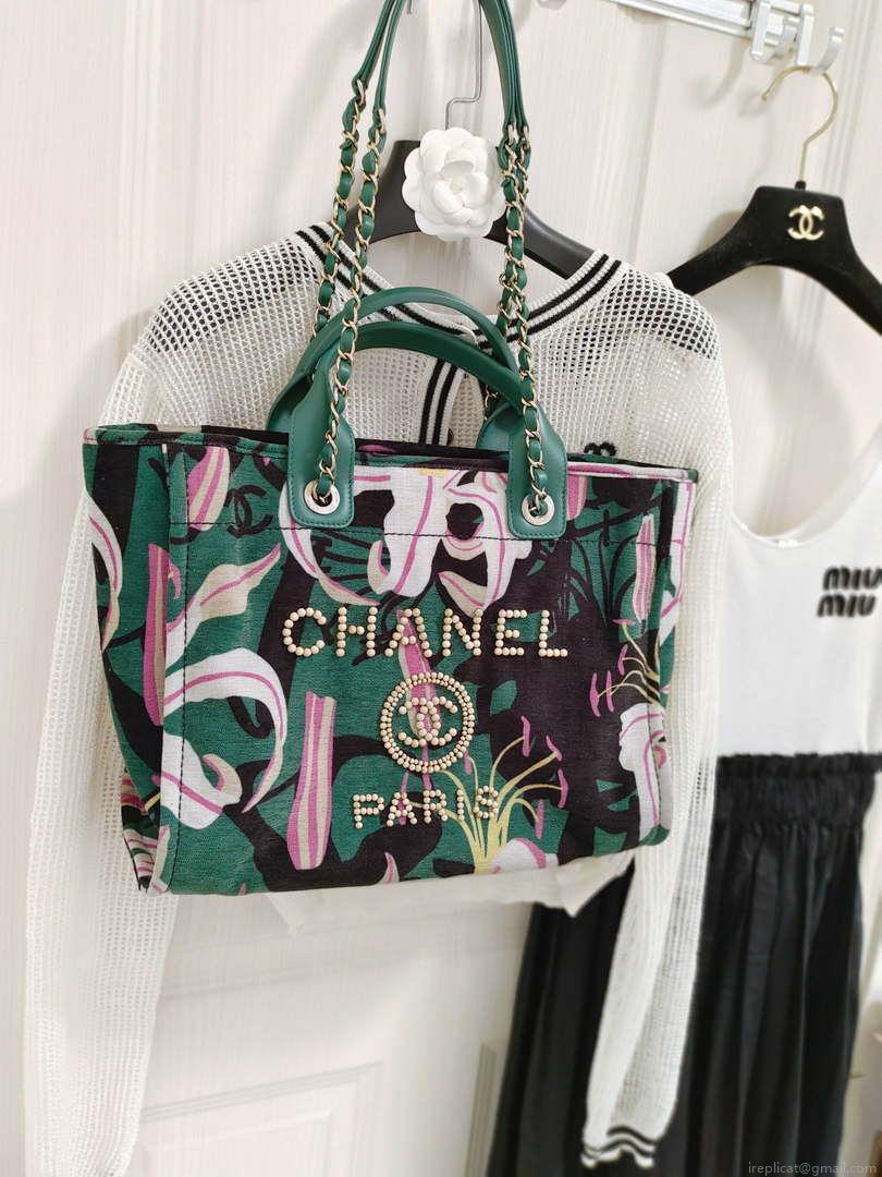 Chanel A66941 Large Tote Printed Velvet Wooden Pearls & Gold-Tone Metal Green & Multicolour