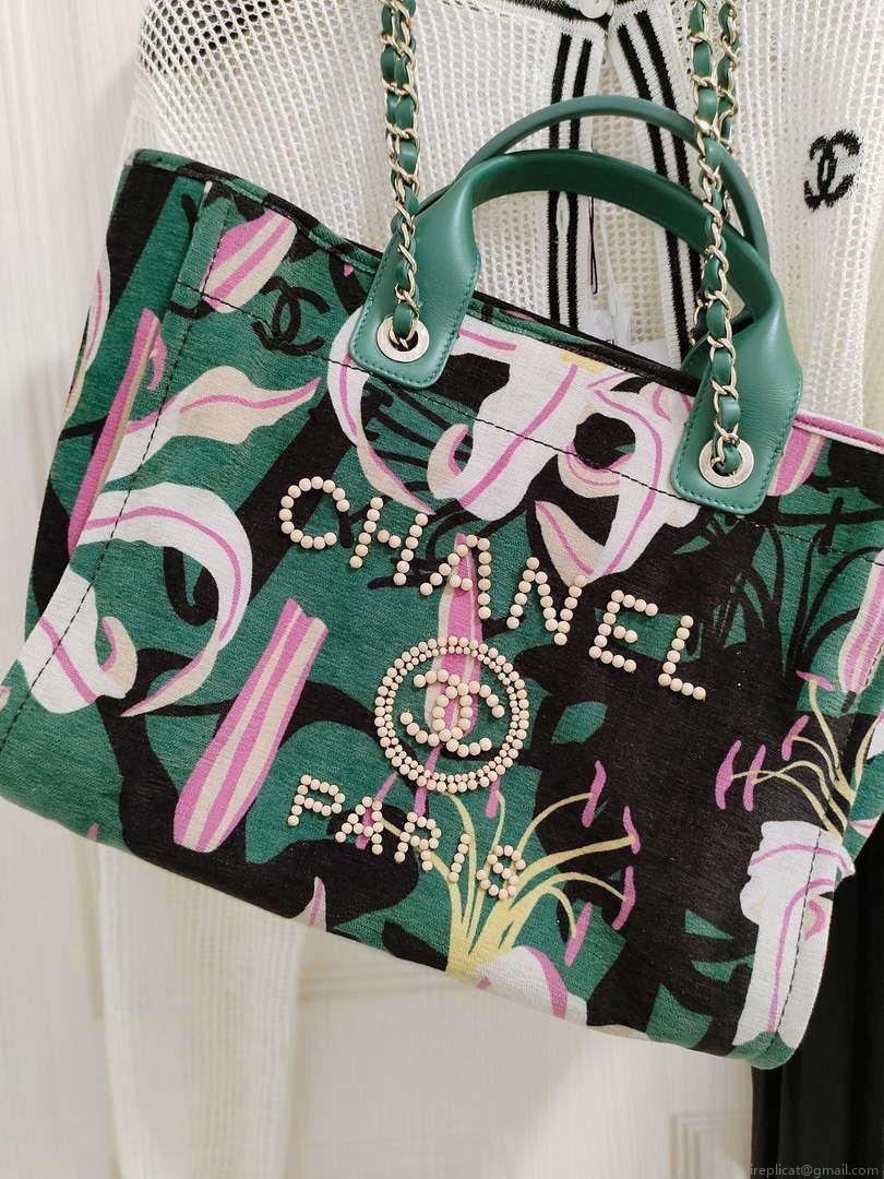 Chanel A66941 Large Tote Printed Velvet Wooden Pearls & Gold-Tone Metal Green & Multicolour