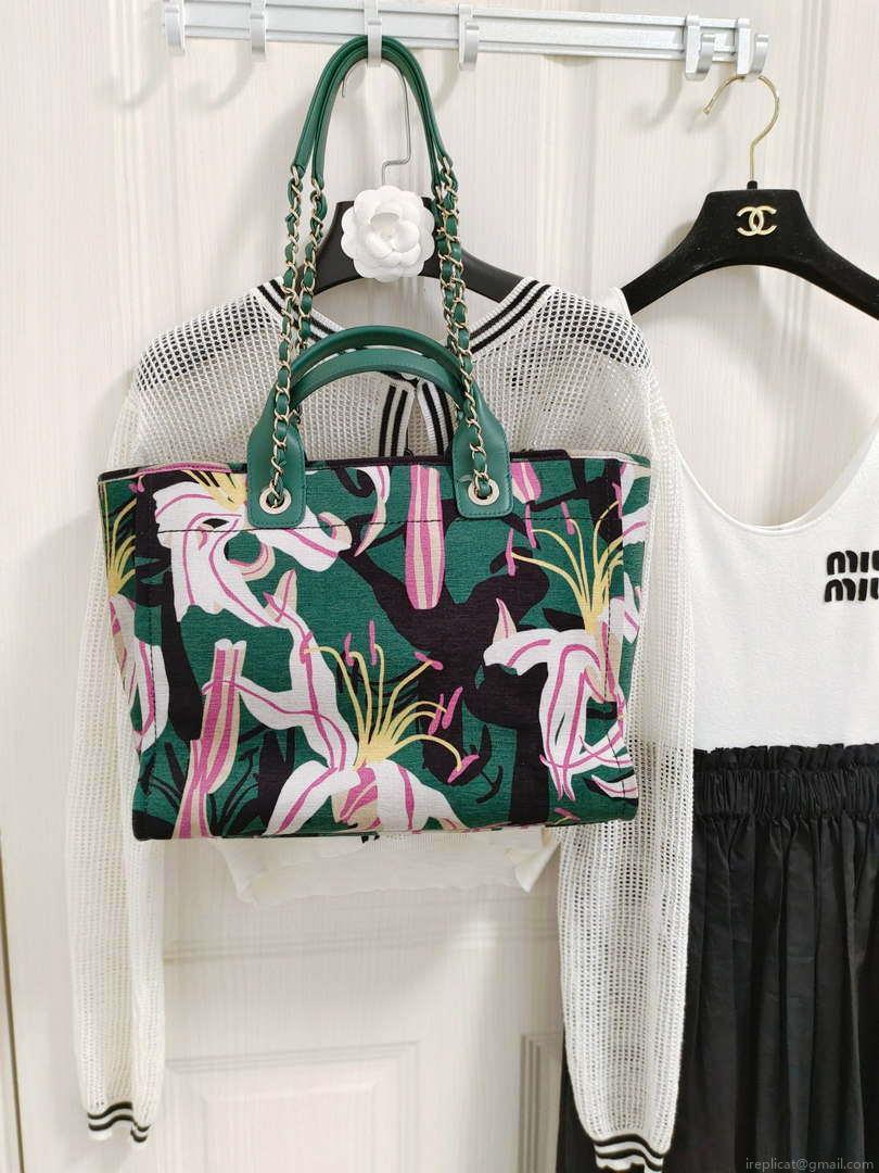 Chanel A66941 Large Tote Printed Velvet Wooden Pearls & Gold-Tone Metal Green & Multicolour