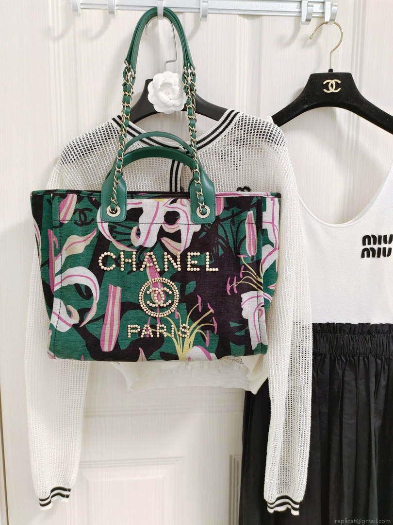Chanel A66941 Large Tote Printed Velvet Wooden Pearls & Gold-Tone Metal Green & Multicolour