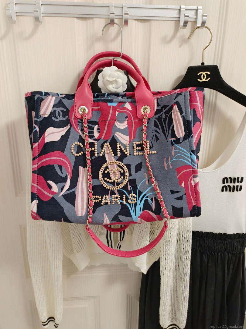 Chanel A66941 Large Tote Printed Velvet Wooden Pearls & Gold-Tone Metal Red & Multicolour