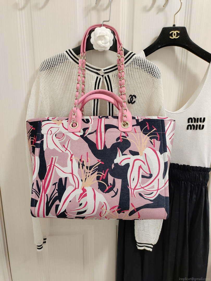 Chanel A66941 Medium Tote Printed Velvet Wooden Pearls & Gold-Tone Metal Pink & Multicolour